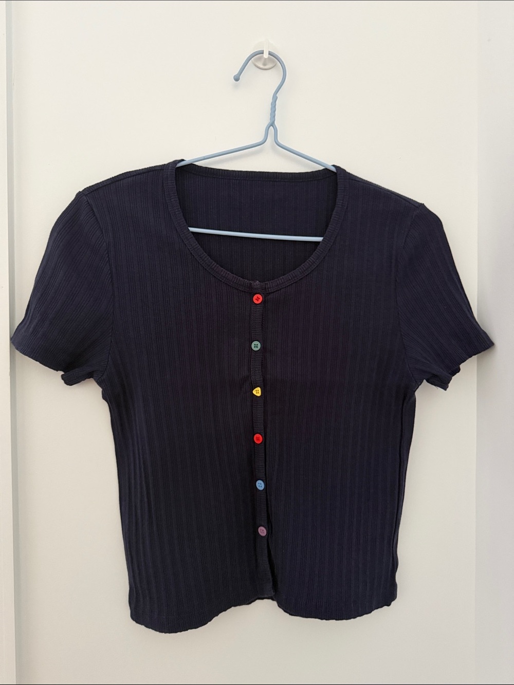 Women's Navy Ribbed Short Sleeve Rainbow Button Top